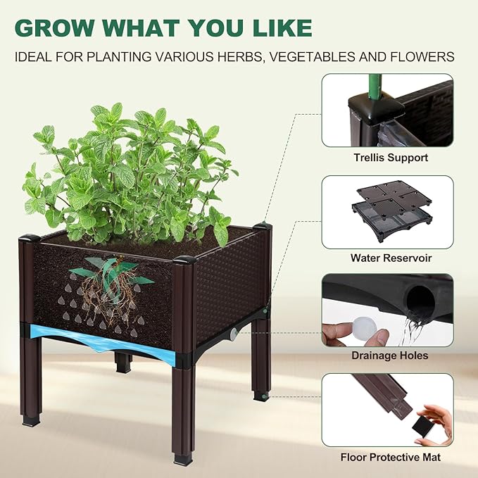 Emalie Raised Garden Beds Elevated Plastic Planter Box with Drainage Plugs Perfect for Vegetables Flowers Herbs Growing Outdoor, 47.2" Lx15.7 Wx16.5 H Brown