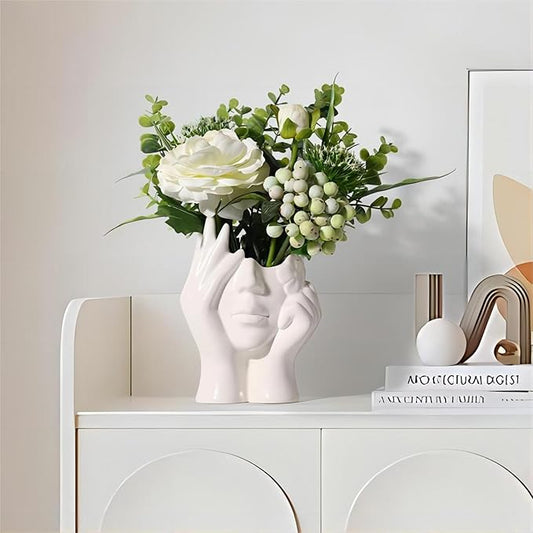 BrownLove Ceramic Face Vase White Flower for Decor Female Form Art Vase Modern Decorative Centerpiece for Table Shelf Living Room Office Bedroom