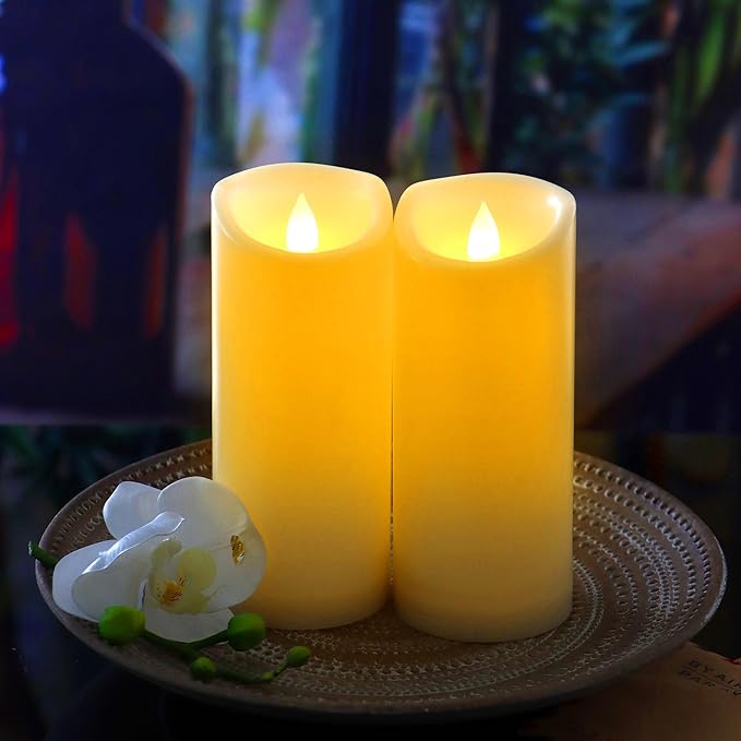 CANDLE CHOICE Waterproof Outdoor Battery Operated Flameless Candles with Timer Flickering Plastic Resin Electric LED Pillar Lights for Lantern Patio Garden Wedding Party Decorations 3x7 Inches 2 Pack