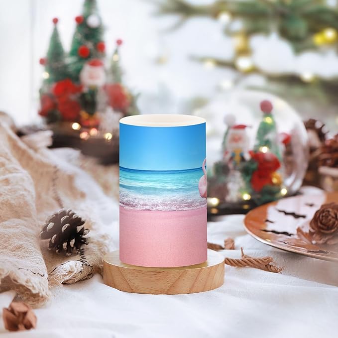 Flickering Flameless Candles, Pink Flamingo on Beach LED Candles with Remote Timer, Set of 2 Battery Operated Candle for Valentine Wedding Birthday