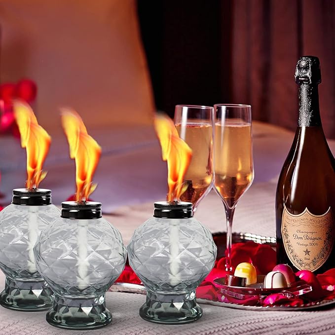 4 Pack Glass Table Torches, Citronella Table Top Torches with Wick and Cap for Outdoor, Refillable Landscape Lanterns for Yard, Patio, Christmas, Garden, Party Decor