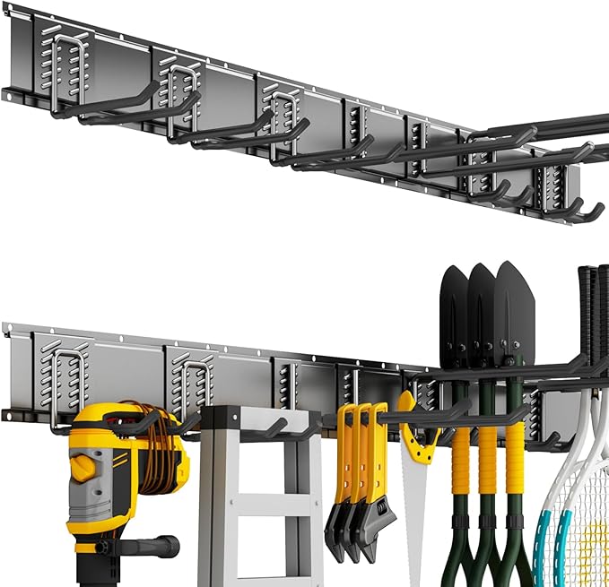 Garage Organization Tool Organizer Wall Mount, 48inch Heavy Duty Garden Tool organizer Storage System, Easy Install With 7 Adjustable Hooks, For Garage, Basement, Shed, Workshop(Black)