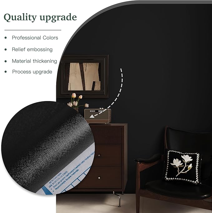 Dimoon 118''x17.7'' Black Peel and Stick Wallpaper Contact Paper Modern Self Adhesive Wall Paper Removable Renter Friendly Textured Solid Color Shelf Cabinet Vinyl Roll (118''x17.7'',Black)