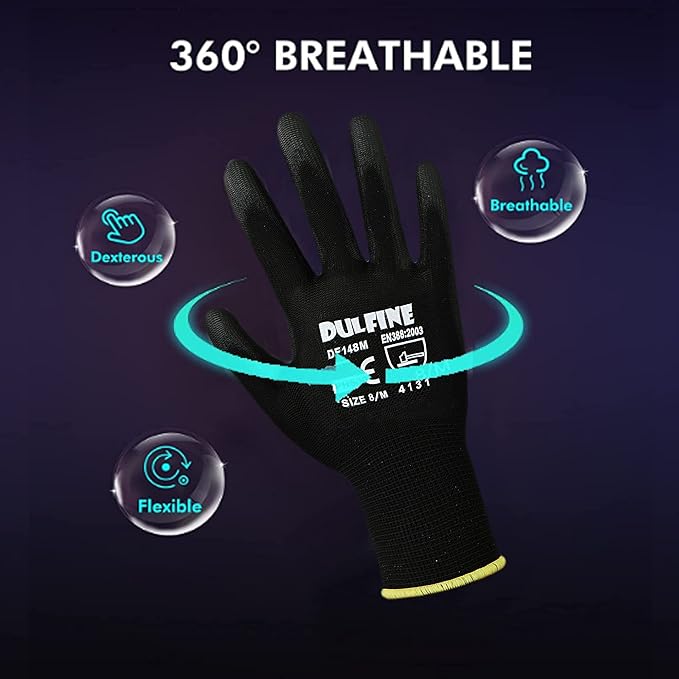 DULFINE Ultra-Thin PU Coated Work Gloves-60 Pairs,Excellent Grip,Nylon Shell Black Polyurethane Coated Safety Work Gloves, Knit Wrist Cuff,Ideal for Light Duty Work. (Large)