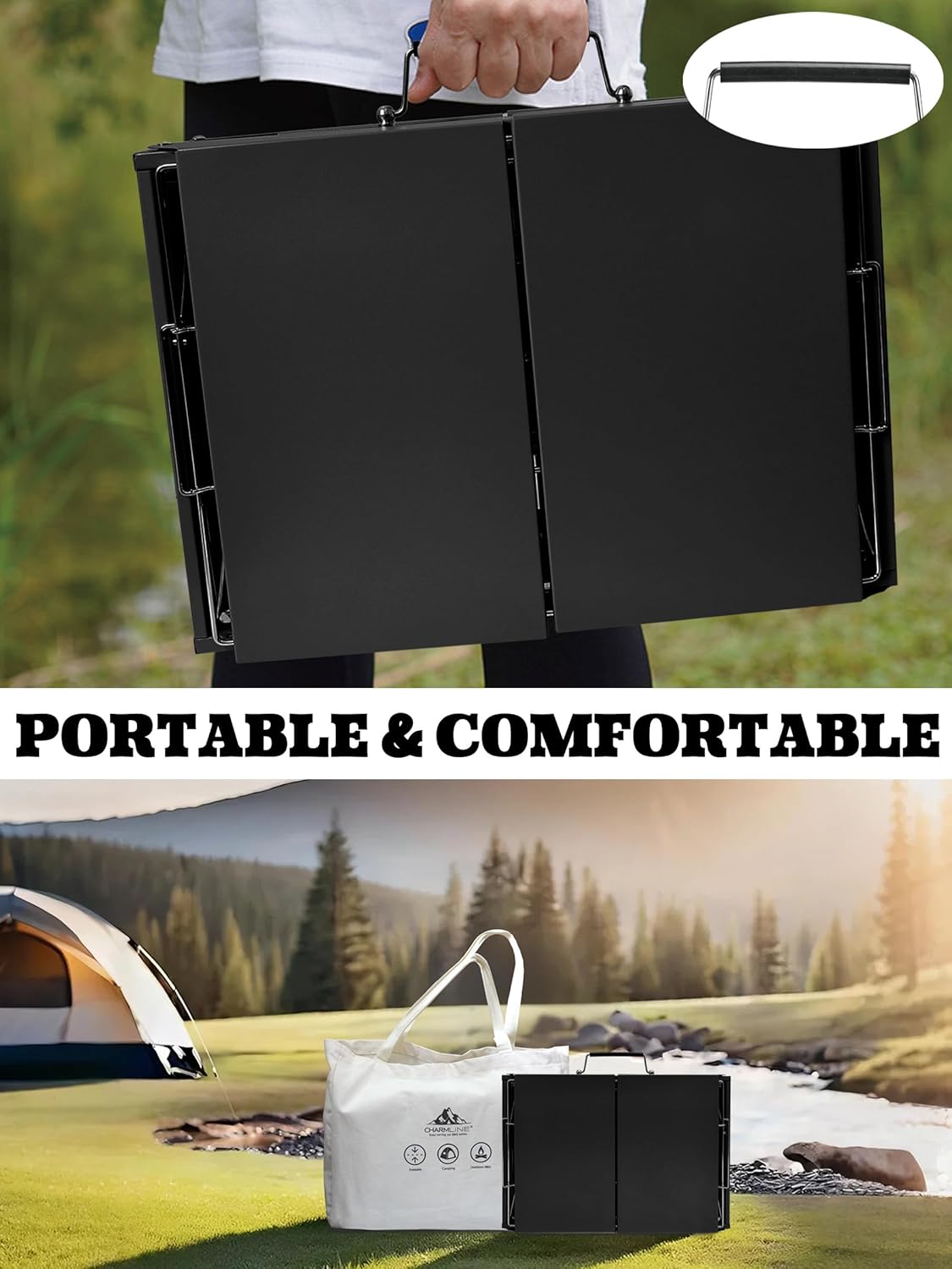 Charmline 20x14inch Big Desktop Charcoal Grill, Liftable Grilling Net, Saving Space Grill for Indoor and Outdoor, BBQ Grill for Camping, Gardens, Picnics, Beach Parties, Black