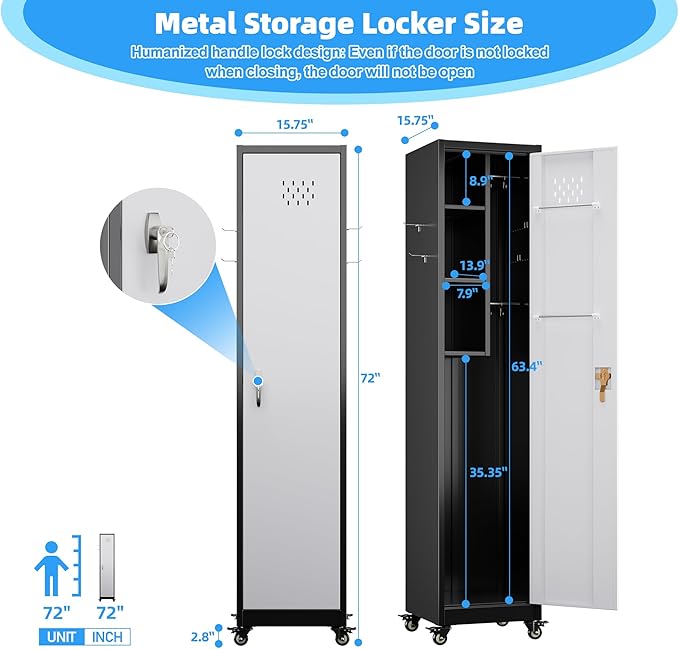 72''H Metal Broom Closet Storage Cabinet with Wheels & Pegboards, Mops Broom Closet Organizer with Locking Door & Hanging Rod,Cleaning Tool Garage Cabinet,Assembly Required,Black White