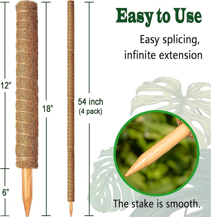 4 Pack 18 Inch Moss Pole, Stackable Moss Poles for Climbing Plants Monstera, Tall Plant Sticks Accessories, Large Coir Plant Support Stakes for Potted Plants Indoor, Pothos, Philodendron