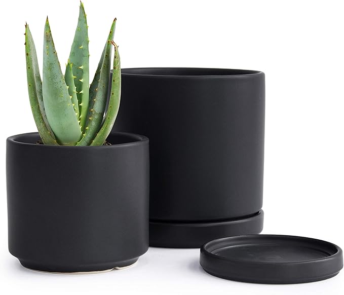 D'vine Dev 4.6 Inch & 6 Inch Ceramic Planter Pots for Plants with Drainage Hole and Saucer, Small Plant Pots Set, Black, 94-G-S-2