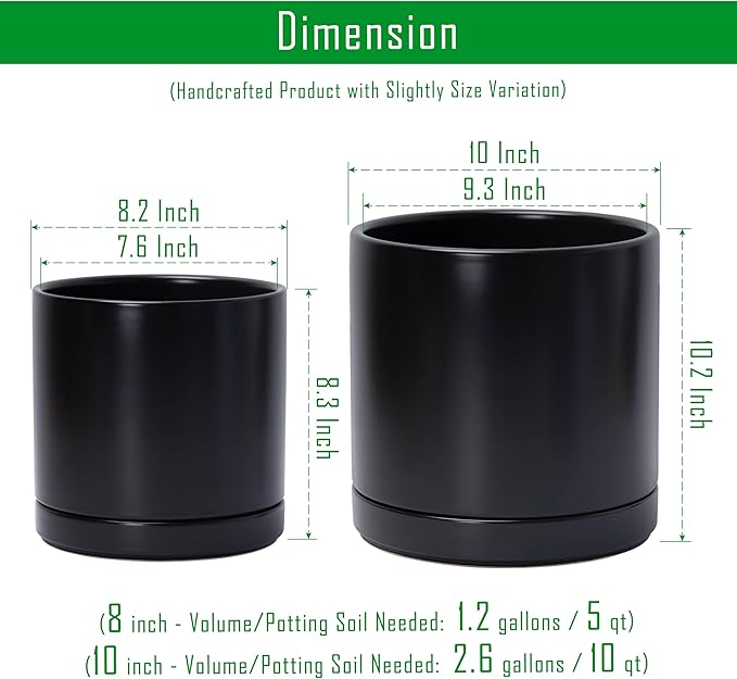 D'vine Dev 8 Inch & 10 Inch Ceramic Planter Pot for Plants with Drainage Hole and Saucer, Large Plant Pots Set, Black, 94-G-L-2
