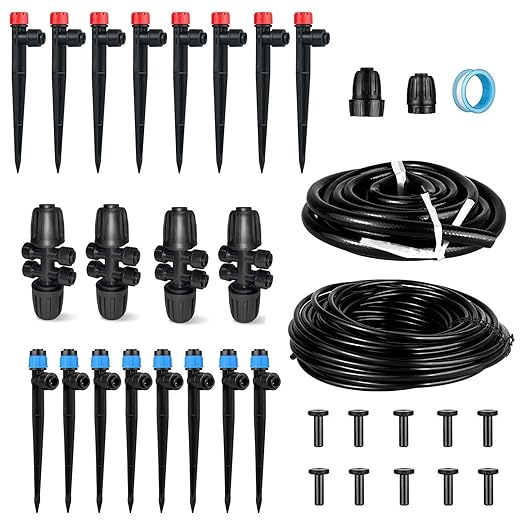 Drip Irrigation System Kit - Garden Watering System with 16FT 1/2'' & 79FT 1/4" Irrigation Tubing Parts - Automatic Irrigation Sprinkler Equipment for Raised Beds, Plants, Garden, Lawn, Greenhouse