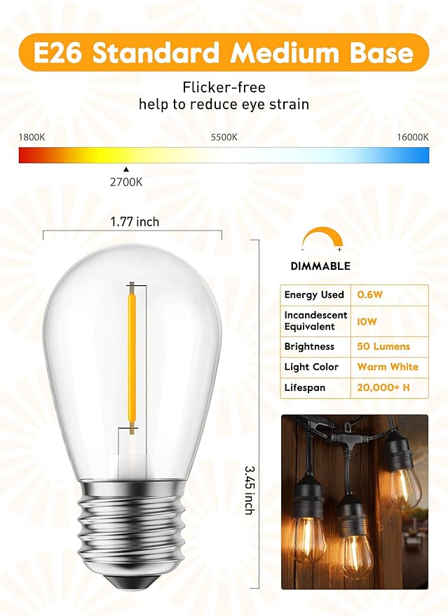 Moonflor 25 Pack LED S14 Replacement Light Bulbs, Shatterproof E26 Medium Base Edison Vintage Bulbs Equivalent to 11 W, Fits for Commercial Outdoor Patio Garden Vintage Lights, 2700K, Warm White