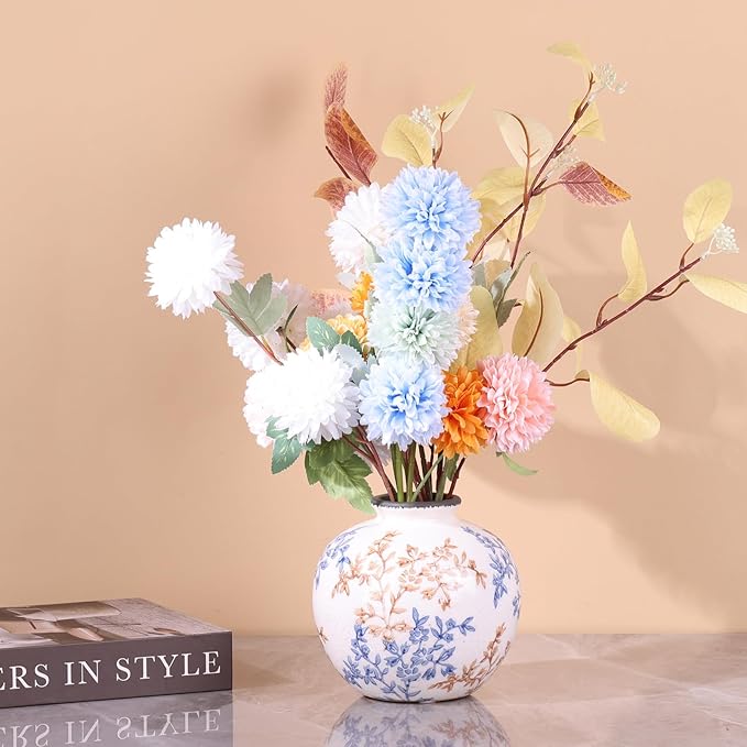 Blue-and-White Vintage Round vase, Chinese-Style Porcelain Blue vase, Suitable for Home Decor, Living Room Coffee Table, Office, Rustic Farmhouse Dining Table Centerpiece, and Tabletop Decoration.