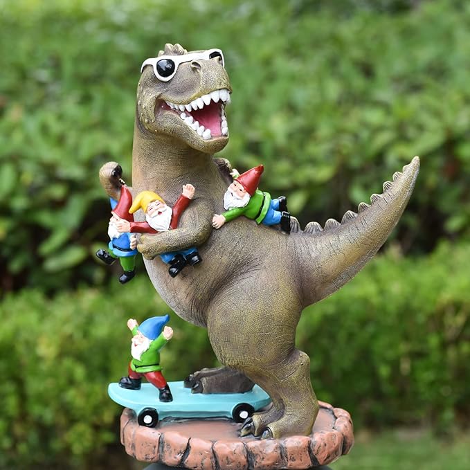 Garden Statue Outdoor Decoration, Cool Dinosaur Play Skateboard with Gnomes Figurines, Indoor Outdoor Decor Art for Patio Lawn Yard, Housewarming Garden Gift…