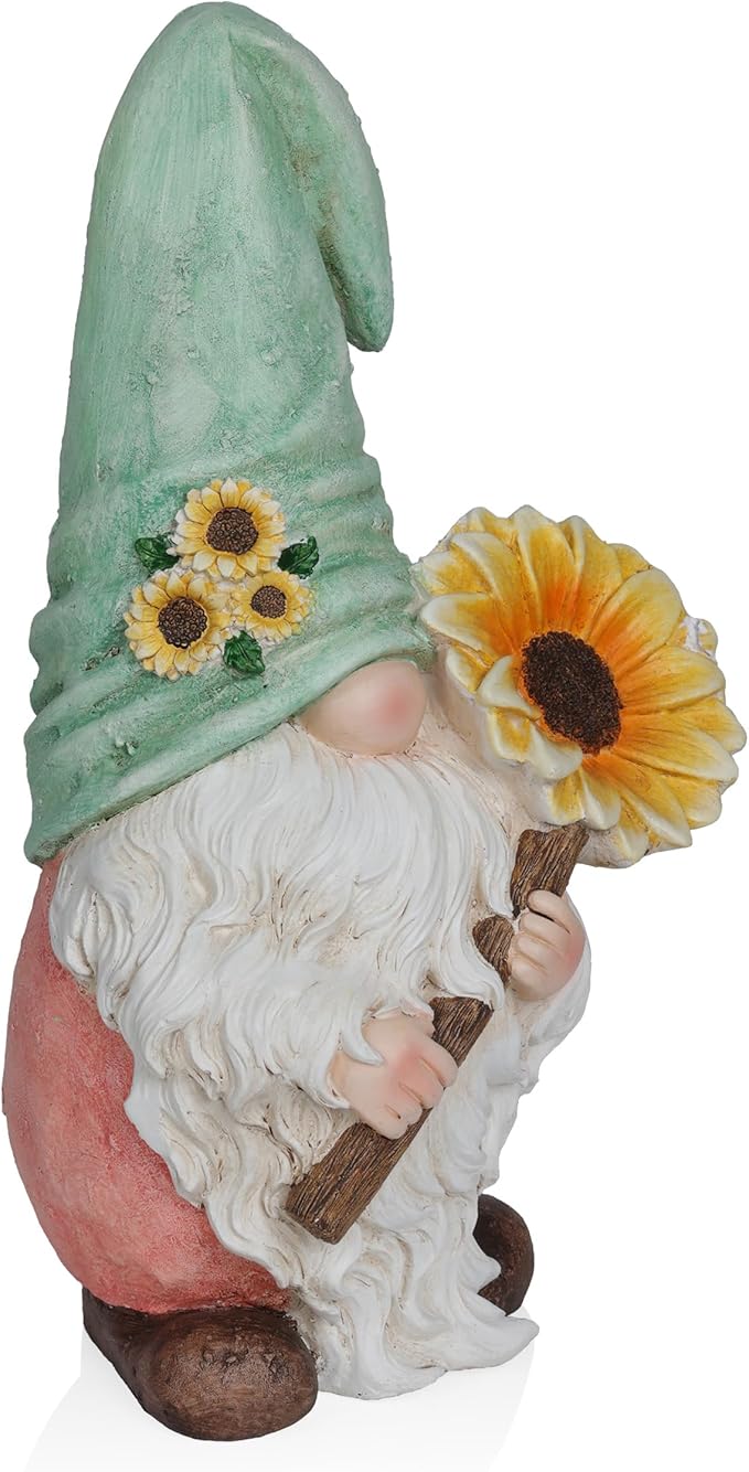 Alpine Corporation MCC842 Indoor/Outdoor Gnome Holding Sunflower Garden Statue, Charming Gnome Statue w/Hat, 21" H, Turquoise