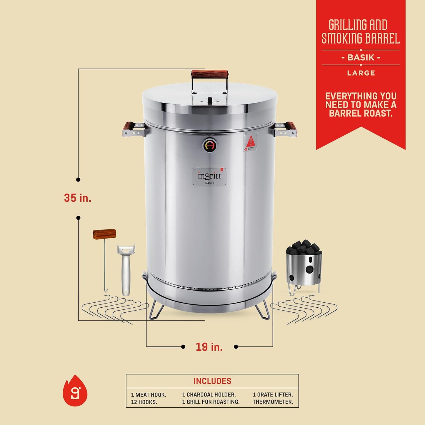 Charcoal Grills - Basic 40 lbs - Stainless Steel Smoker Grill 3-in-1 for Cooking & Home BBQ - Portable Vertical Smoker Barrel for Outdoor & Camping - Meat Grill with Thermometer & Accessories