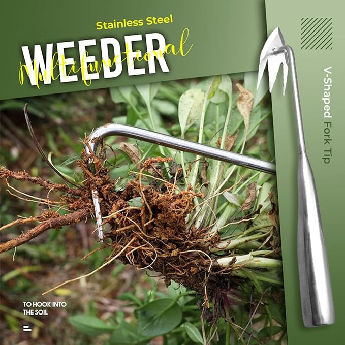 Amposei Stainless Steel Multifunctional Weeder, Hand Weeder Tool Stand Up Weed Puller Tool with Long Handle, V-Shaped Light Duty Hand Weeder for Lawn Garden Yard Farm Weed Removal (Stainless Steel)