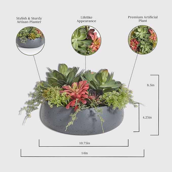 Faux Succulent Arrangement, Premium Artificial Indoor Plant Enhances Interior Design, Display on Any Surface in Your Home Adding an Inviting Touch of Nature, Grey Planter Pot Included