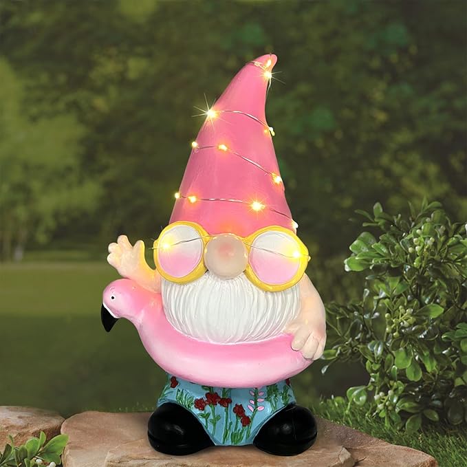 BAYN Garden Gnome Statues Outdoor Decor, Solar Powered Outdoor Gnome with Flamingo Swimming Decorative Yard Garden Lights Art Gifts with 11 Warm White LEDs