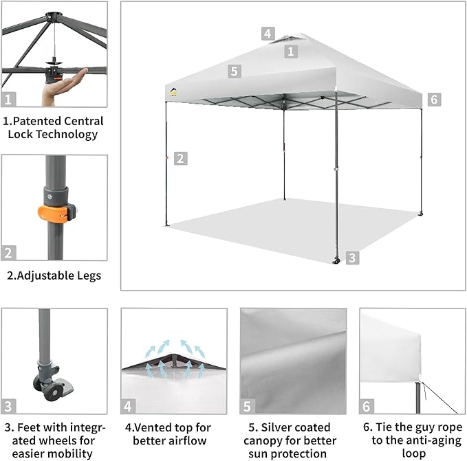 CROWN SHADES Adjustable Height on The Fly, 10x10 Pop Up Canopy - Beach Tent with One Push Setup - Easy Outdoor Sun Shade for Events, Parties, Camping - Outside Shade with STO-N-Go Bag, White