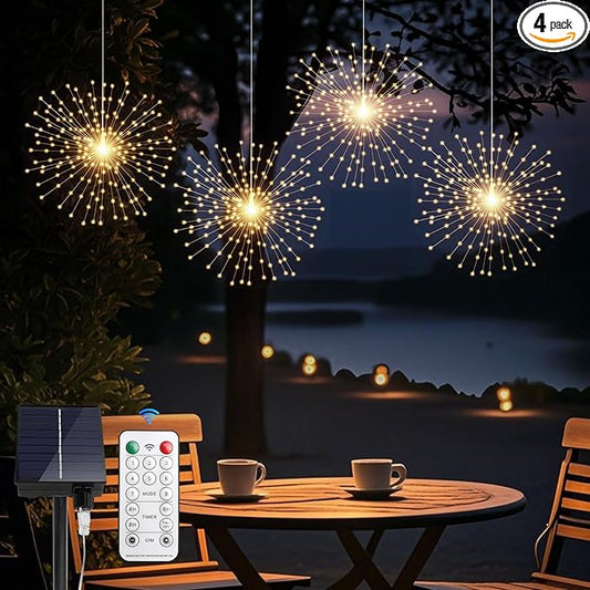 4 Pack Solar Firework String Lights 800 LED 8 Modes Waterproof Hanging Fairy Light, Starburst Light for Party Garden Decoration (Warm White)