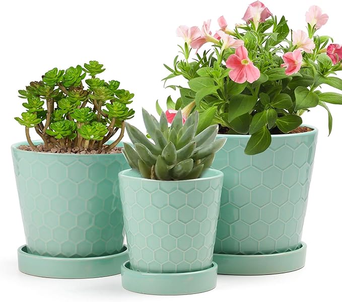 EFISPSS Ceramic Plant Pots –4”+5”+6” inch Set of 3, Planters with with Drainage Holes and Ceramic Tray, Indoor Flower Pot Gardening Home Desktop Office Windowsill Decoration Gift(Mint Green)