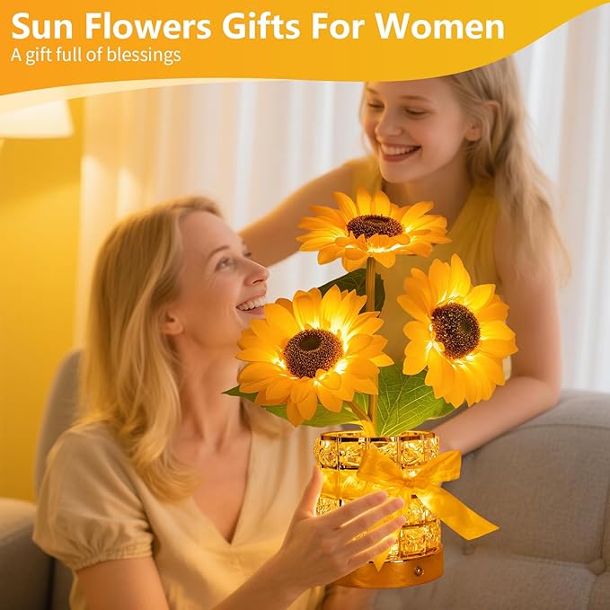 Sunflower LED Lamp,USB Rechargeable Touch Night Light, 3 Color Stepless Dimmable,Small Battery Flower Decor for Bedroom, Restaurant, Bar – Birthday, Mother’s Day,Wedding Gifts for Women,Mom
