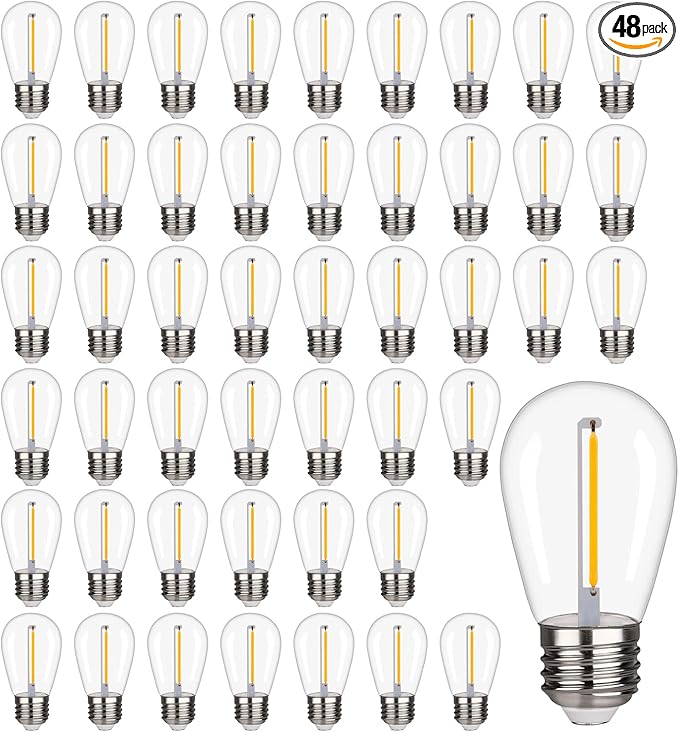 48 Pack S14 LED String Light Bulbs, 1W Shatterproof & Waterproof Outdoor Indoor Replacement Bulbs, E26 Base Edison LED Light Bulbs Warm White 2200K. (S14 48Pack)