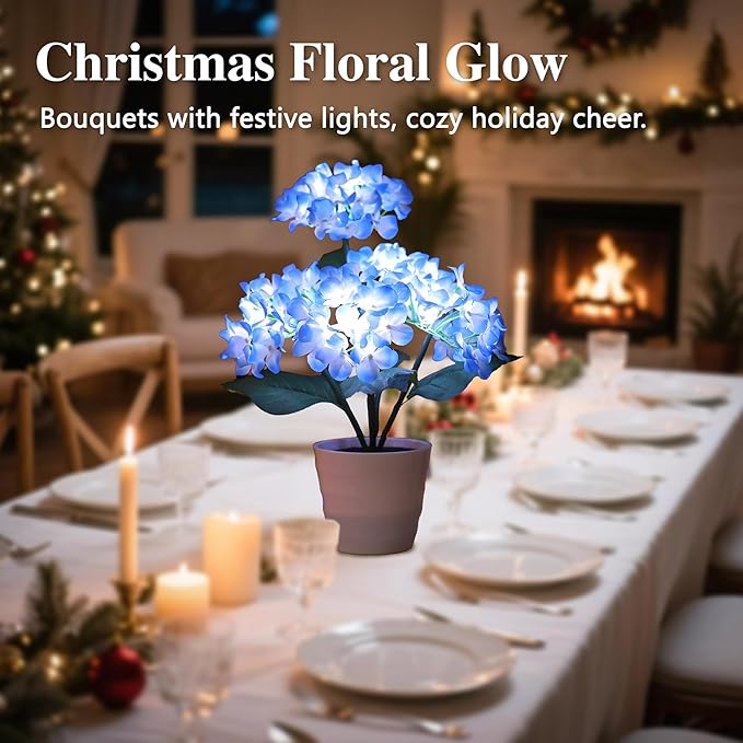 Blue Artificial Hydrangea LED Flower Pot - Lighted Floral Decor for Wedding, Christmas, Home Decor, Battery-Operated Night Light, Gift for Women