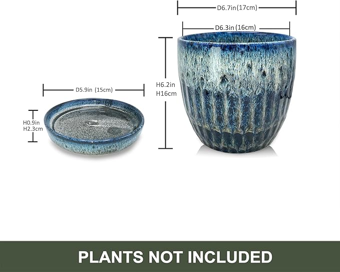 Ceramic Pots for Plants, 6in Ceramic Planters for Indoor Plants, Flower Pots with Drainage and Saucer, Reactive Glaze Blue