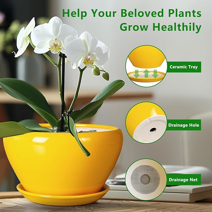 Ceramic Planter 9 Inch - Mid-Century Round Modern Plant Pot Indoor with Drainage Hole and Saucer for Outdoor Plants, Balcony House Garden Patio Home Decor, Yellow