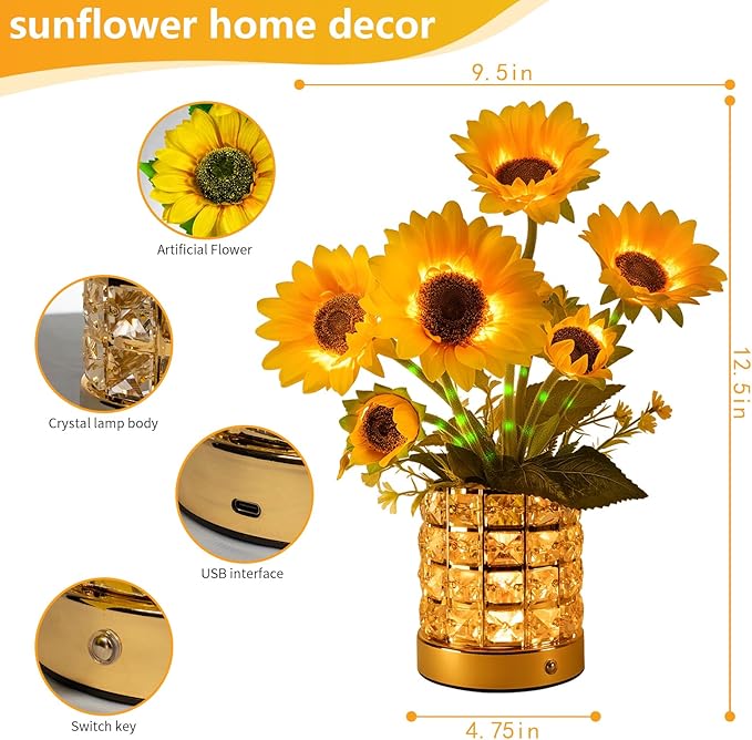 Sunflower LED Lamp,USB Rechargeable Touch Night Light, 3 Color Stepless Dimmable,Small Battery Flower Decor for Bedroom, Restaurant, Bar – Birthday, Mother’s Day,Wedding Gifts for Women,Mom