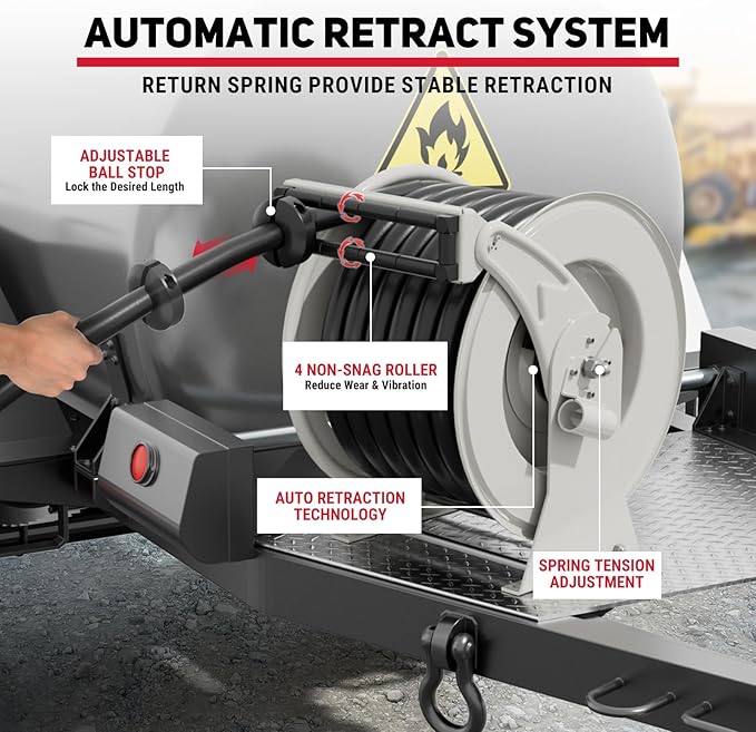 Diesel Fuel Hose Reel 1" x 50FT 300PSI Retractable Fuel Hose Reel Heavy-Duty Steel Ratchet Spring Driven Professional Diesel Hose Reel Auto Swivel Rewind with Fuel Nozzle for Vehicle Tank Truck Ship