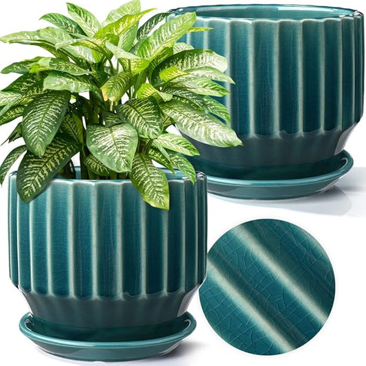 AISBUGUR Plant Pots 6 inch Ceramic Pots for Indoor Plants Set of 2 Flower Pots Unique Crackle Glaze Design Plant Pots with Drainage Hole and Saucer Come with Drainage Nets (Aqua Green)