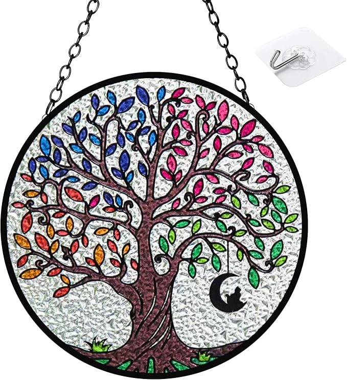 Artificial Trees of Life Suncatchers for Home Decorative Hanging Ornaments with Stick Hook for Window Hanging Hand-Painted Fake Plants Tree&Cat Memorial Gifts for Women 6.3'' * 6.3''