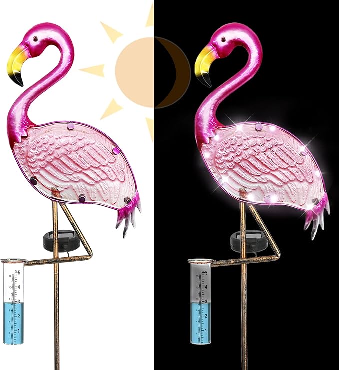 Flamingo Rain Gauge Solar Stake Outdoor, 43’’ Solar Rain Gauge LED Lights with Rainfall Gauge for Garden, Yard, Lawn, Pathway, Patio