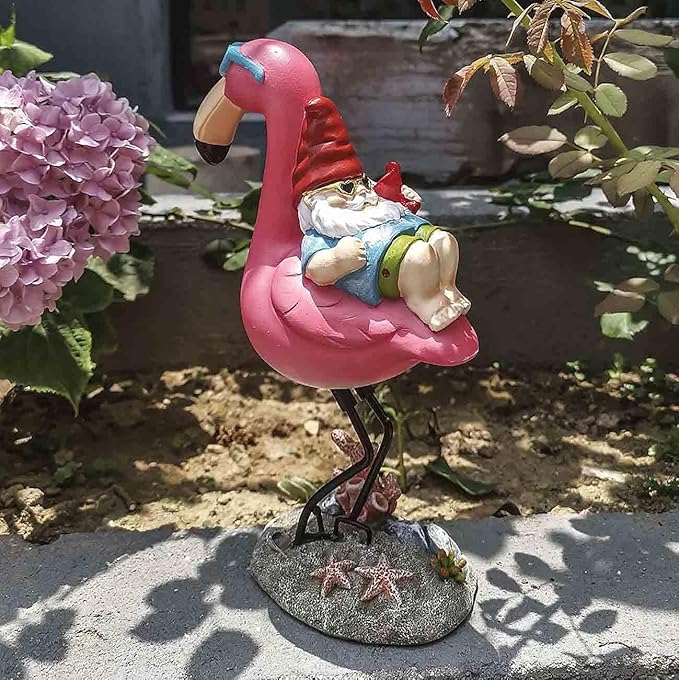 Gnome Garden Statue Funny Gnome Reclining on Flamingo Figurines, Resin Garden Gnomes Fall Decorations Outdoor for Patio Yard Lawn Porch, Ornament Gift