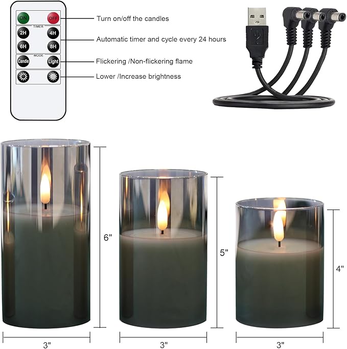 Glass Rechargeable Flameless Candles with Remote Timer, Realistic 3D Wick LED Battery Operated Candles with Flickering Flame,Home Decoration for Wedding Birthday Festival(Grey)