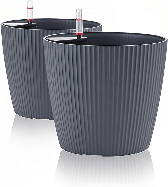 Dexceder 9x8 Self Watering Planters Indoor, Inner Mat Design, Table Flower Plant Pot with Water Level Indicator (2 Pack, Gray)