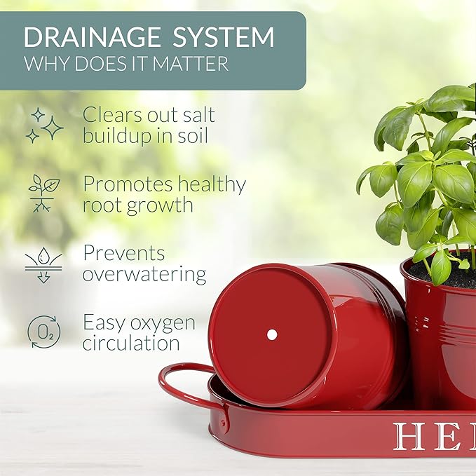 Barnyard Designs Indoor Herb Garden Planter Set with Tray, Metal Windowsill Plant Pots with Drainage for Outdoor or Indoor Plants, Set/3 (Brick Red)
