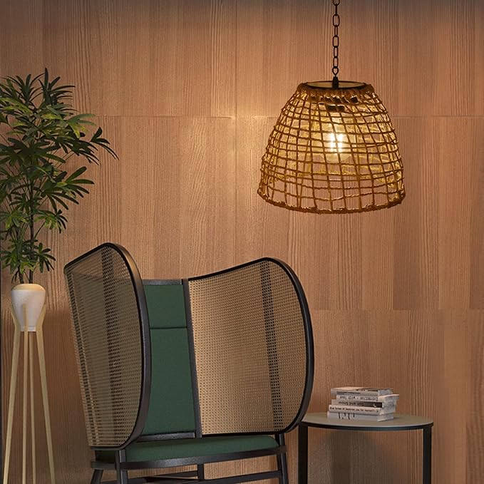 Vintage Rattan Basket Shade Solar Lantern Hanging Lighting Country Style Pendant Light Patio Garden Farmhouse Decoration Rustic Handmade Rattan Pendant Lamps.