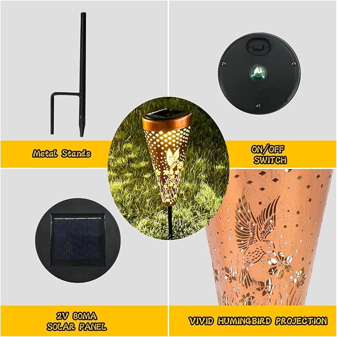 DIBIEECN 4 Pack Hummingbird Solar Pathway Lights Outdoor,Metal Garden Decorations Outdoor Lights with Patterns and Warm Light,Waterproof Landscape Lighting for Path Patio Backyard Walkway Yard