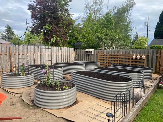 A ANLEOLIFE 8x4x2ft Galvanized Raised Garden Bed Kit, Oval Metal Deep Root Planters for Outdoor Plants Vegetables Flowers Herb, Large Bottomless, 478 Gallon Capacity- Quartz Grey