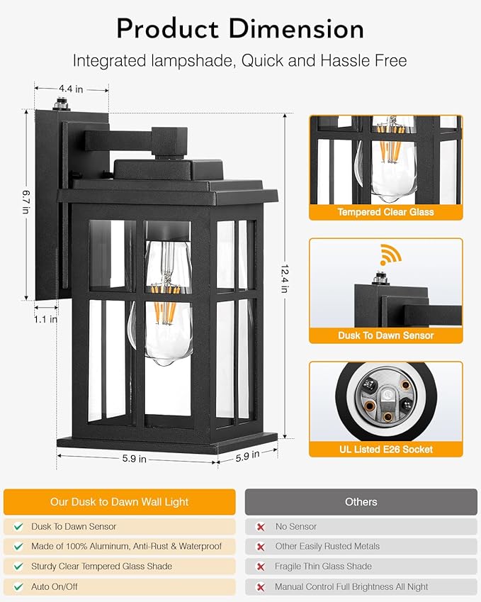 Dusk to Dawn Outdoor Lights for House, 2 Pack Outdoor Light Fixture, Black Exterior Lighting Fixtures, Dusk to Dawn Outdoor Lighting for House, Porch, Garage, Doorway, Anti-Rust, Waterproof