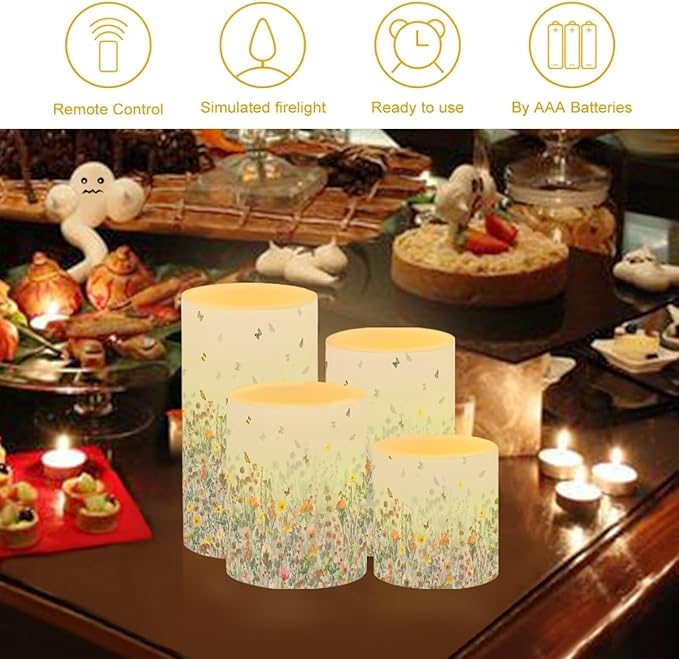 Flameless LED Candles Electric Pillar Candles with Remote Timer Color Changing Control Long Lasting Pack of 4 for Table Centerpiece Home Indoor Decoration, Flower Butterfly Blue