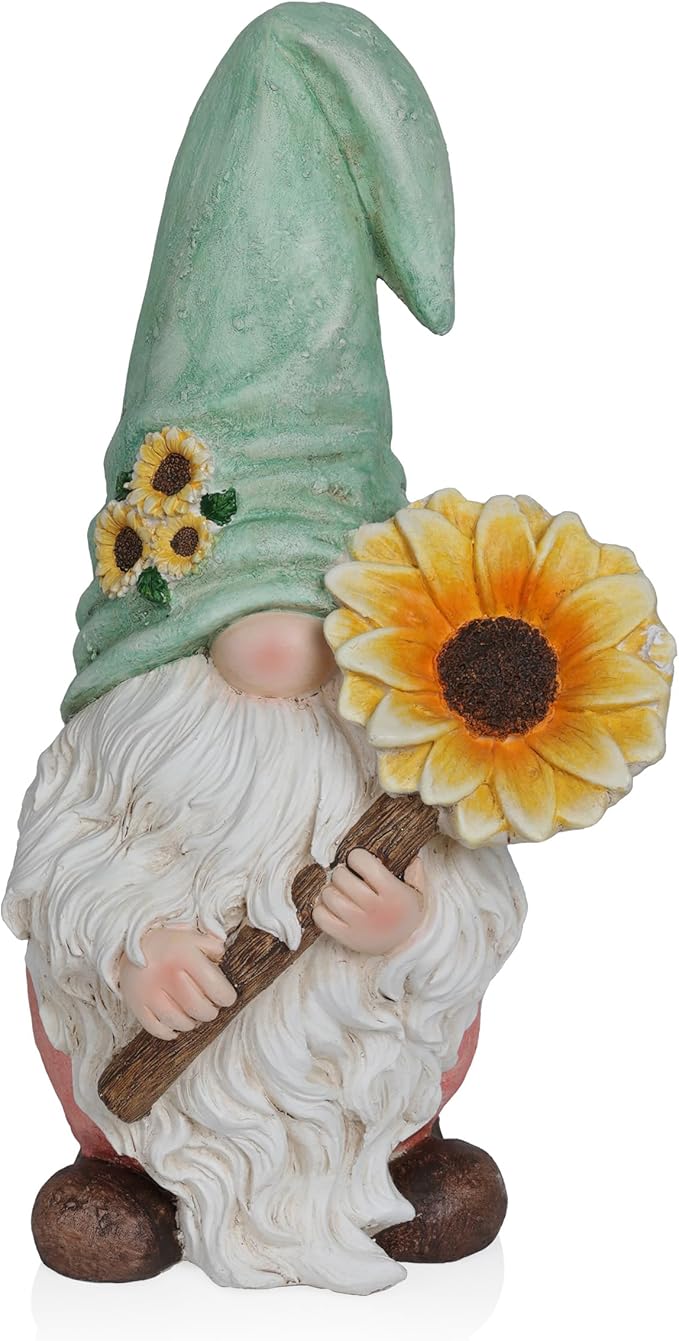 Alpine Corporation MCC842 Indoor/Outdoor Gnome Holding Sunflower Garden Statue, Charming Gnome Statue w/Hat, 21" H, Turquoise