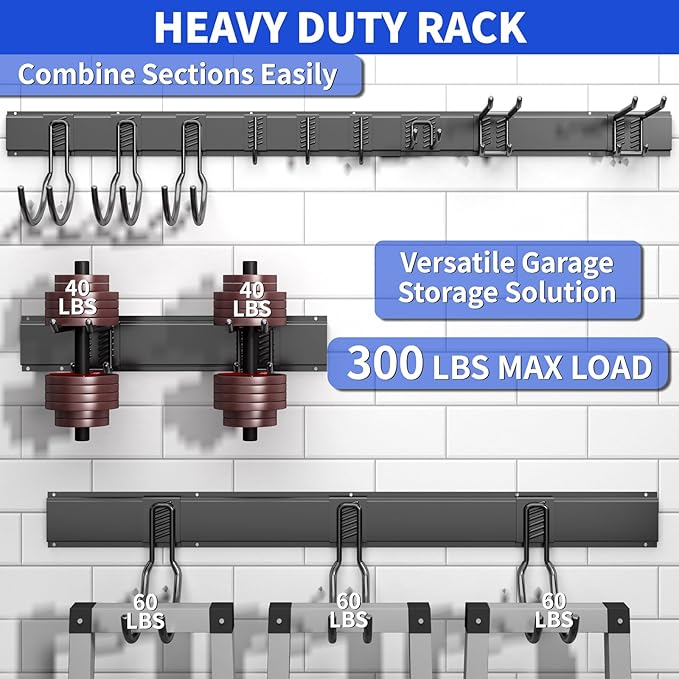 Garage Organization Tool Organizer Wall Mount, 64inch Heavy Duty Garden Tool Organizer Storage System, Easy Install with 10 Adjustable Hooks, for Garage, Basement, Shed, Workshop(Black)