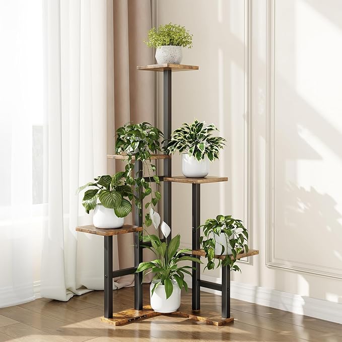 Corner Plant Stand Indoor, 6 Tier Corner Plant Shelf Flower Stand for Multiple Plants, Plant Shelves Organizer Rack for Living Room, Balcony, Patio, Garden, Square Rustic Brown