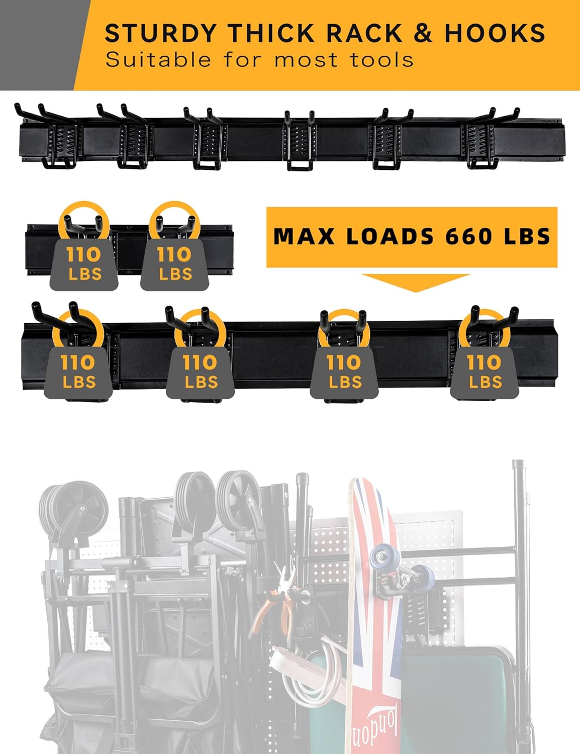 Garden Tool Organizer Wall Mount 48 Inches Max Load 660lbs Garage Storage and Organization, Adjustable with 6 Garage Hooks and 4 Cable Ties, Yard Shed and Power Tool Organizer Rack