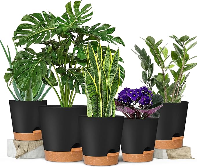 GARDIFE Plant Pots 7/6.5/6/5.5/5 Inch Self Watering Planters with Drainage Hole, Plastic Flower Pots, Nursery Planting Pot for All House Plants, African Violet, Flowers, and Cactus,Black