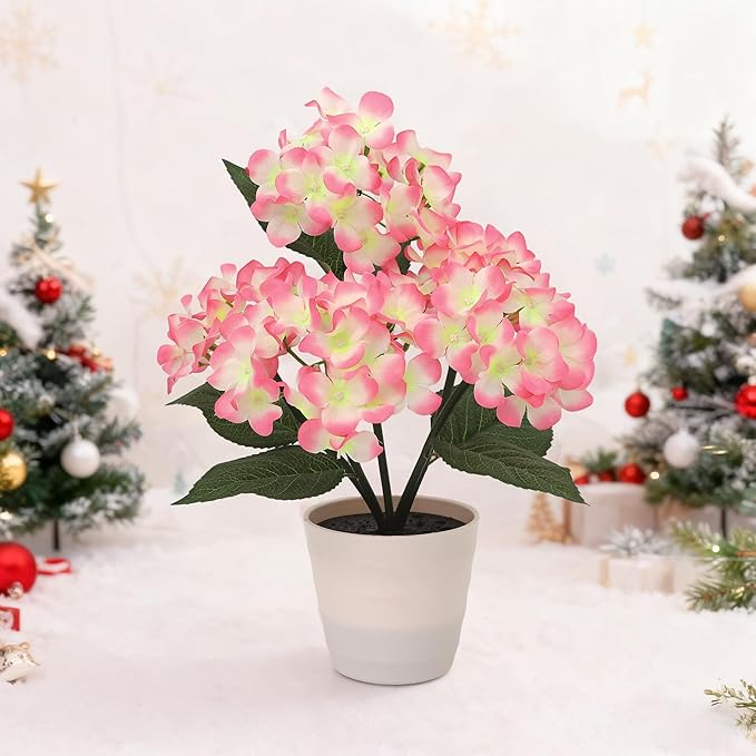 Pink Artificial Hydrangea LED Flower Pot - Lighted Floral Decor for Wedding, Christmas, Home Decor, Battery-Operated Night Light, Gift for Women
